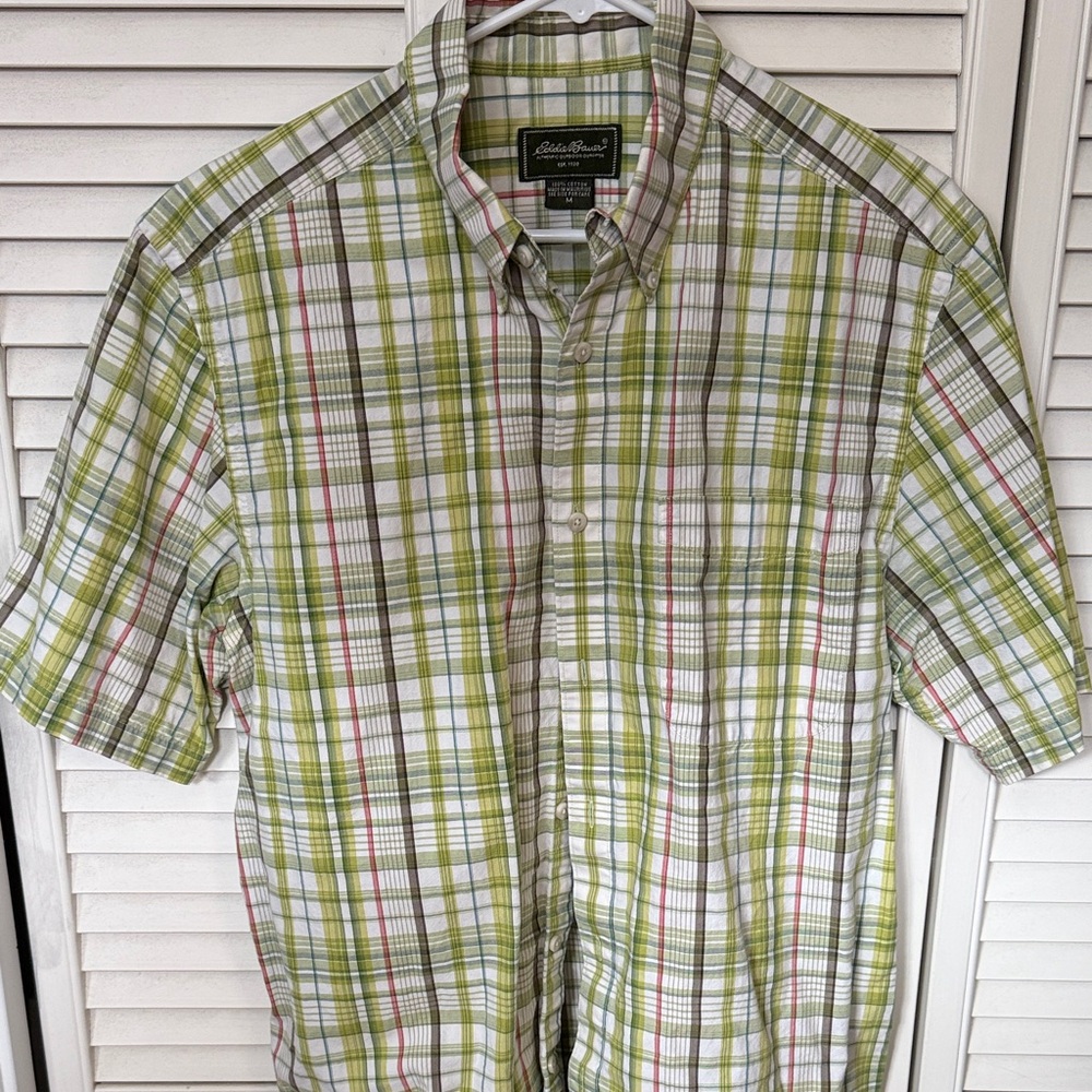 Eddie Bauer Green and White Plaid Men's Shirt